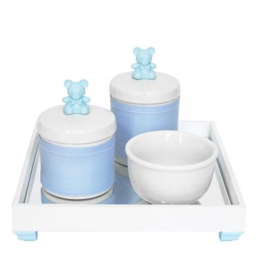 Imagem de Kit Higiene Espelho Potes, Molhadeira e Capa Ursinho Azul Quarto Bebê Menino