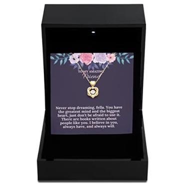 Imagem de SpreadPassion Colar de ouro com nó de coração caixa de luxo Never Stop Dreaming Encorajamento joias, presente para amigos, presentes de incentivo, ideias de presente de joias, personalizável