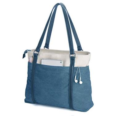 Imagem de Bolsa de trabalho feminina com compartimento para notebook, bolsos com zíper, bolsa para professores, Azul, Large