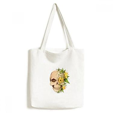 Imagem de Bolsa de lona com ilustração de caveira de flor e esqueleto bolsa de compras casual