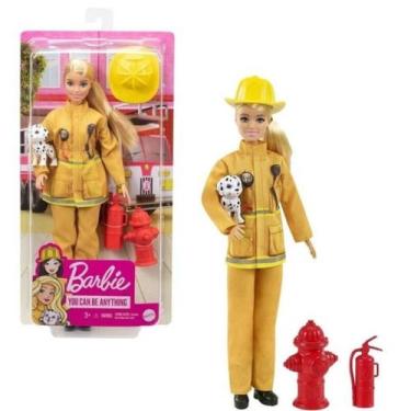Imagem de Boneca Barbie Profissões Loira Bombeira Deluxe Com Cachorrinho E Acess