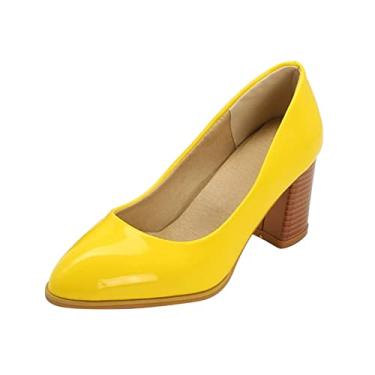 Imagem de Sandálias de salto alto para mulheres moda feminina cor sólida couro brilhante pontiagudo boca rasa grossa sapatos casuais de salto alto (amarelo, 7,5)