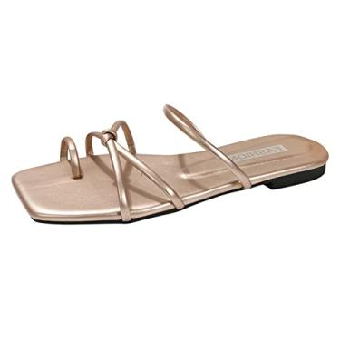 Imagem de Sandálias quadradas respiráveis de bico aberto para mulheres primavera e verão chinelos de fundo plano com clipe no dedo do pé confortável cor sólida (ouro, 6,5)
