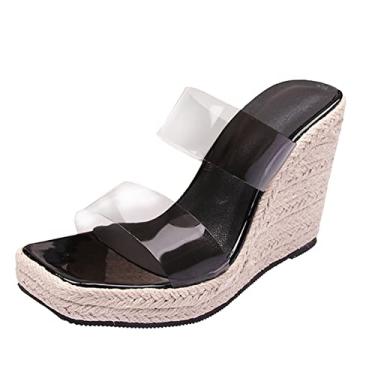 Imagem de Sandálias de plataforma para mulheres verão cunhas transparentes chinelos de palha sapatos de tecido de palha tamanho grande salto ultra alto casual (preto, 7,5)