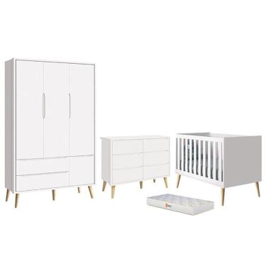 Imagem de Dormitório Completo Infantil Theo 3 Portas, Cômoda 6 Gavetas, Berço com Pés Madeira Natural e Colchão D18 - Reller Móveis