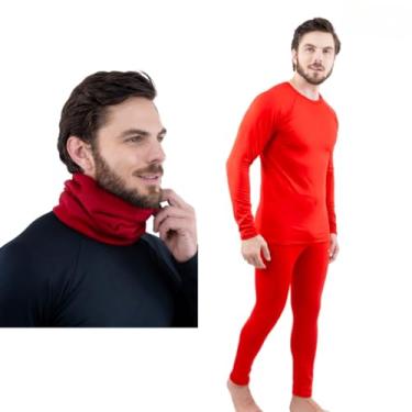 Imagem de Conjunto Camiseta e Calça Térmica + Touca Gola Proteção ao Frio (G, Vermelho)