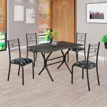 Imagem de Conjunto Sala de Jantar Mesa Retangular 100x60cm Tampo Pedra Ardósia Indiana 4 Cadeiras Paraty Preto Floral / Preto Fosco