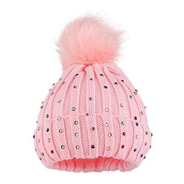 Imagem de BILIKEYU Chapéu infantil de tricô com bainha de lã para bebês mantém quente inverno hiarball boné de strass boné econômico, rosa, One Size