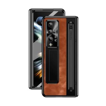 Imagem de Suporte de couro para caneta com capa Stylus para Samsung Galaxy Z Fold 5 4 Capa de proteção de dobradiça de tela de vidro para Z Fold5 Fold4, marrom, para Galaxy Z Fold 4