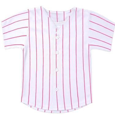 Imagem de Camiseta infantil de beisebol listrada de botão hip hop hipster personalizada para meninos, Listra rosa, 2 Anos