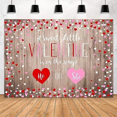 Imagem de MEHOFOND 2,1 x 1,5 m Dia dos Namorados Revelação de Gênero Pano de Fundo Madeira Rústica Coração Revelar Festa Decorações de Chá de Bebê Ele ou Ela Fotografia Banner de Fundo para Mesa de Bolo
