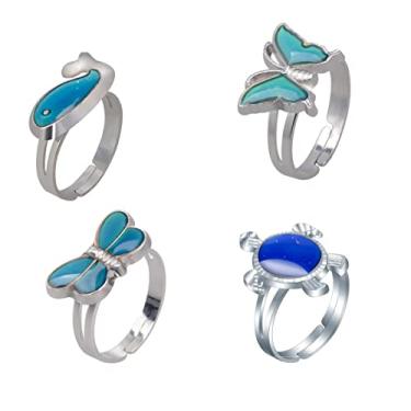 Imagem de COLORFUL BLING Anéis de humor conjunto de anéis de dinossauro que muda de cor, emoção, sensação de temperatura, anel de dedo fofo tiranossauro tricerátopo borboleta tartaruga anel ajustável para