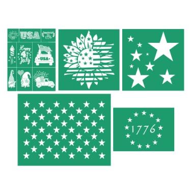 Imagem de JAJADO 5 peças de estênceis de serigrafia para o Dia da Independência, bandeira americana dos EUA, 4 de julho, modelos de serigrafia DIY para pintura em madeira/camiseta/papel/paredes/copo/vidro,