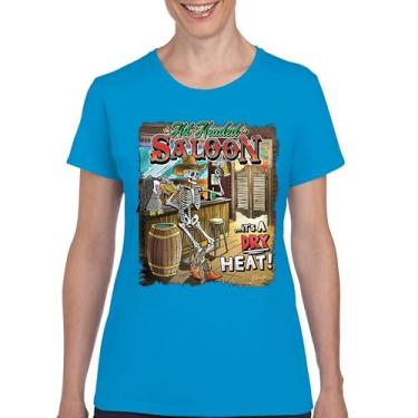 Imagem de Camiseta feminina Hot Headed Saloon But its a Dry Heat Funny Skeleton Biker Beer Drinking Cowboy Skull Southwest, Azul claro, XXG