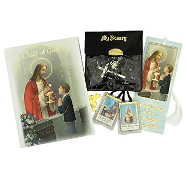 Imagem de Conjunto de presente de primeira comunhão | Kit de oração católica para crianças | Inclui missal de missa, marcador, escapulário, rosário, bolsa e alfinete | preto, rosa ou branco para meninos e