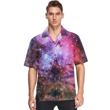 Imagem de visesunny Camisa masculina casual de botão manga curta havaiana roxa com estampa de galáxia nebulosa Aloha, Multicolorido, XG