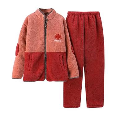 Imagem de LUBOSE Pijama longo feminino, conjunto de pijama grosso de flanela, pijama de duas peças, conjunto de pijama casual de manga comprida (3GG, vermelho vinho)