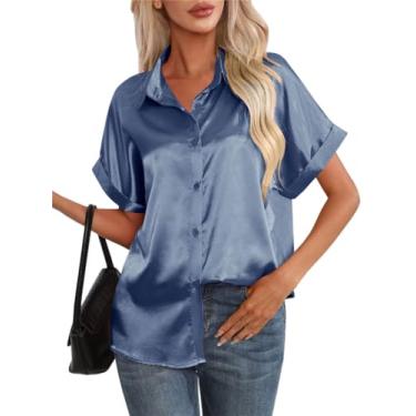 Imagem de DAIMIDY Camisas femininas de seda manga curta blusas casuais de cetim blusas de botão para mulheres, Azul, XXG