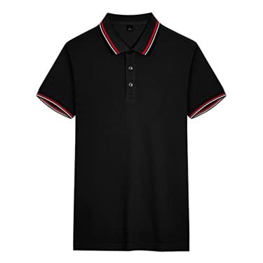 Imagem de Polos de golfe masculinos algodão cor sólida listrado gola camisa camisa rápida umidade wicking seco leve ajuste regular moda atlética (Color : Black, Size : XXXXL)