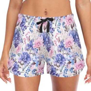 Imagem de CHIFIGNO Short feminino de pijama com bolsos, calça de pijama confortável para o verão, P-2GG, Flores roxas e azuis rosa, GG