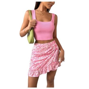 Imagem de Floerns Conjunto feminino de duas peças, colete de verão, regata com saia floral, rosa, M