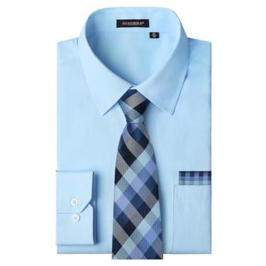 Imagem de HISDERN Conjunto de camisa social masculina e lenço de gravata, camisas clássicas de manga comprida combinando gravatas formais com botões, Azul/listrado, GG