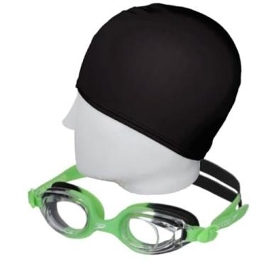 Imagem de Kit Natação Speedo Óculos Jr Olympic + Touca Tecido 4 a 12 anos (óculos verde/cristal + touca apvd)
