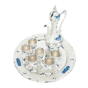 Imagem de Conjunto de Cafeteira de Metal Antigo Multiuso Bule Vintage Com 6 Xícaras para Bar Doméstico (Tira Branco Azul)