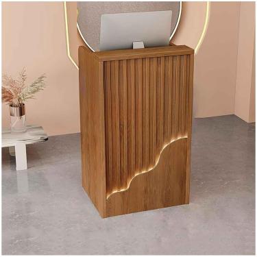 Imagem de Balcão de recepção pequeno com balcão e prateleiras abertas Balcão de varejo moderno com gavetas Balcão de recepção para loja de hotel, marrom, 60 * 40 * 96 cm