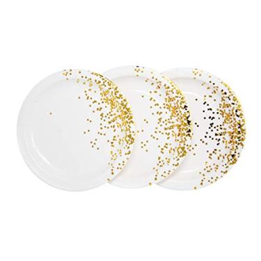 Imagem de Pratos de papel redondos de folha branca e dourada (pacote com 17 cm, 50 unidades) para saladas, aperitivo, sobremesas, almoço e jantar
