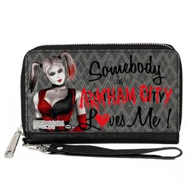 Imagem de Carteira DC Comics, zíper ao redor, Harley Quinn Somebody In Arkham City Loves Me Cinza Preto Vermelho Couro Vegano, 7.5"x4.5", Casual