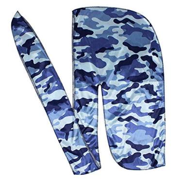 Imagem de Bandana masculina de seda camuflada Durag com alças longas e sedosas (azul)