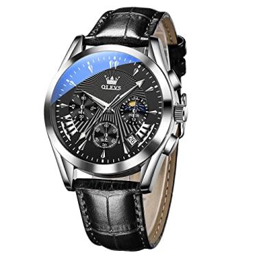 Imagem de OLEVS Relógio masculino casual de couro, cronógrafo de rosto grande para homens, relógio social moderno fácil de ler, relógio analógico masculino à prova d'água, luminoso, data, mostrador dourado