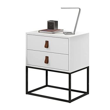 Imagem de Mesa de Cabeceira Para Quarto Retro Unic 45cm Com 2 gavetas puxadores em alça Couro Pes de Metal Preto Estilo Industrial moderno (Branco)