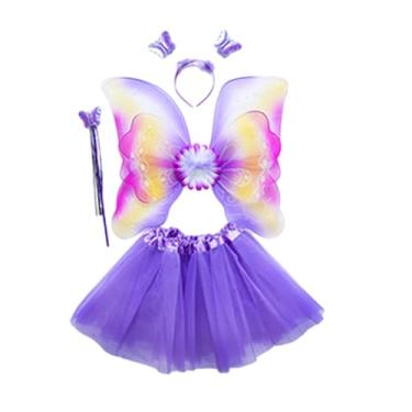 Imagem de Fiocias 4x Meninas Conjunto de Fantasia de Fada Tutu Saia Borboleta Asa de Fada Crianças Princesa Cosplay para Carnaval Palco Performance Festa Lembrancinhas, roxo