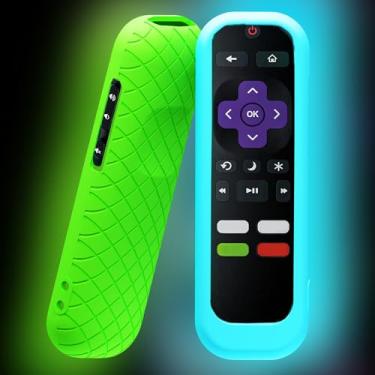 Imagem de Pacote com 2 capas para controle remoto Roku TV, capa de bateria para controle remoto TCL Hisense Roku TV Steaming Stick 4K 4K + Roku Voice Remote, capa universal de silicone com brilho no escuro (azul/verde 2 peças)