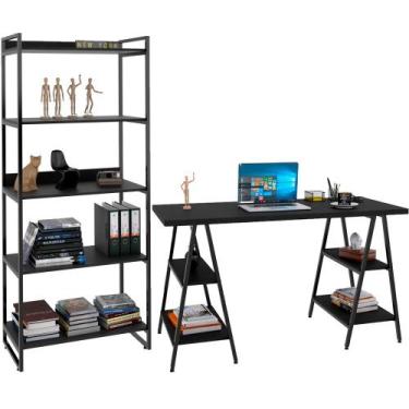 Imagem de Kit Mesa Cavalete 150 cm com Estante 5 Prateleiras Estilo Industrial F
