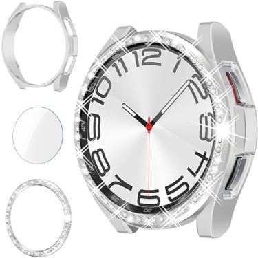 Imagem de RICHONE Capa brilhante 3 em 1 para Galaxy Watch 6 Classic 47 mm, película protetora de vidro temperado anti-embaçamento e capa rígida amortecedora Samsung Watch 6 Classic 47 acessórios (prata, SM-R960