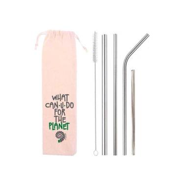 Imagem de Kit 6 em 1: 4 canudos de inox (shake 8mm) + Escova + Ecobag What - CAN