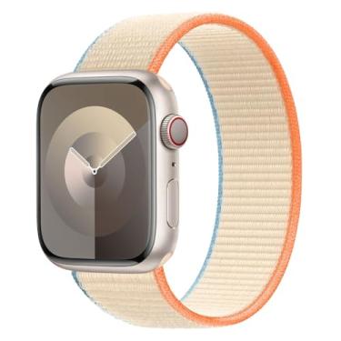 Imagem de STARGOGO Pulseira trançada de nylon elástica atualizada compatível com Apple Watch série Ultra/8/7/6/5/4/3/2/1/SE, pulseira esportiva macia e elástica para Apple Watch 49/45/44/42 mm 41/40/38 mm adequada para homens e mulheres (49/45/44/42 mm L, creme)