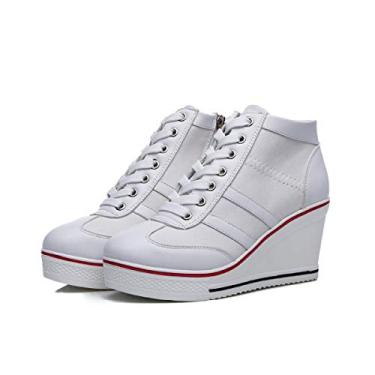 Imagem de Mei MACLEOD Tênis feminino plataforma plataforma salto alto botas de cano curto casual sapatos de lona, Branco, 40