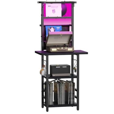 Imagem de YAKANJ Suporte para toca-discos com luz LED, mesa de toca-discos com armazenamento de vinil, suporte para toca-discos com suporte de vinil prateleira de exibição para sala de música estúdio, preto