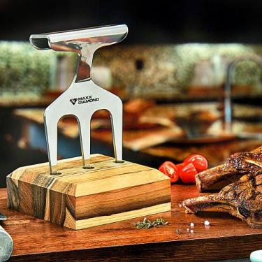 Imagem de Garfo Tridente para Churrasco em Inox com Base Madeira Teca - Maxx Dia