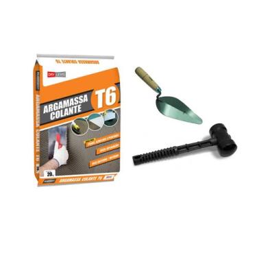 Imagem de Kit Argamassa T6 20KG + Colher de Pedreiro 9" + Martelo de Borracha 80