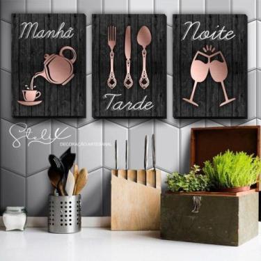 Imagem de Quadro Decorativo Cozinha Xícara Talher Taça Rose Gold Kit 3 peças Gra