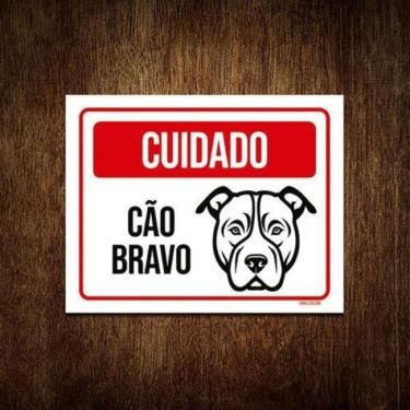 Imagem de Kit 5 Placas Sinalização - Cuidado Cão Bravo Preto Branco