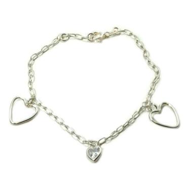 Imagem de Pulseira Pingentes Corações Prata Legitima 925 - Lojas La&Ny, 18 cm, P