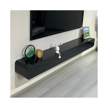 Imagem de Armário de TV de parede consola de TV flutuante moderna montada na parede com 2 gavetas, móvel de TV flutuante estreito de madeira, centro de entretenimento para armazenamento debaixo da TV, bela