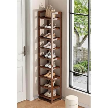 Imagem de Sapateira estreita de bambu vertical pequena prateleira de sapato de canto armazenamento de sapatos de madeira organizador de sapatos economia de espaço para armário banheiro varanda (30 cm L x 9,9 P