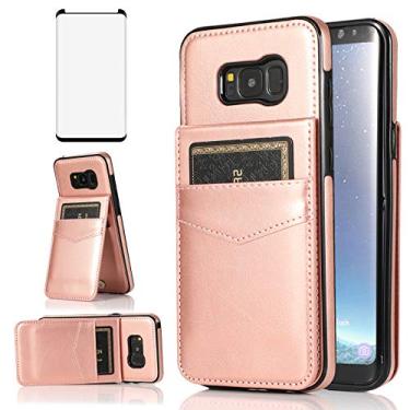 Imagem de Capa de celular para Samsung Galaxy S8 Plus com protetor de tela de vidro temperado e suporte para cartão de crédito, capa carteira de couro para celular Glaxay S8plus S 8 8plus 8S Edge S8+ SM-G955U Capas femininas ouro rosa